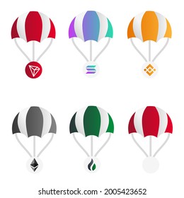 Cryptocurrency airdrop with Parachute and coin logo.  with gradient colors.  flat minimalist design vector eps 10 svg