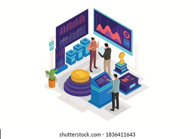 Cryptocurrency Analysist Isometric. Cryptocurrency trading platform. Online buy, sell and exchange service flat web page. Vector illustration with people characters