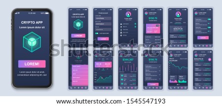 Cryptocurrency app smartphone interface design vector templates set. Mobile wallet. Crypto blockchain. Investing online. Web page design layout. Pack of UI, UX, GUI screens for application kit