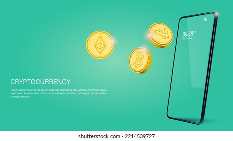 CRYPTOCURRENCY background. Bitcoin, Litecoin, Ethereum coin. Crypto wallet vector illustration.