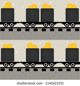 cryptocurrency background with golden bitcoin in mining cart on the train