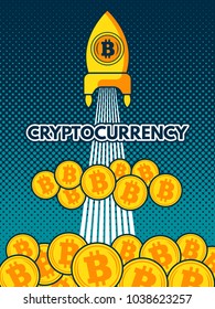 Cryptocurrency background illustration. Bitcoin to the moon. Crypto currency, coin money electronic, cryptography finance vector