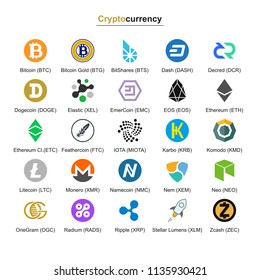 Cryptocurrency Badges. Set on a White Background. Icons are arranged in Alphabetical order.