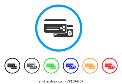 Cryptocurrency Bank Cards rounded icon. Style is a flat grey symbol inside light blue circle with additional color variants. Cryptocurrency Bank Cards vector designed for web and software interfaces.