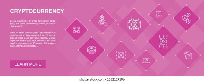 Cryptocurrency banner 10 icons concept.blockchain, fintech industry, Mining, Cryptography simple icons