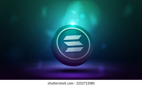 Cryptocurrency banner with 3D coin of Solana on a blurred background.