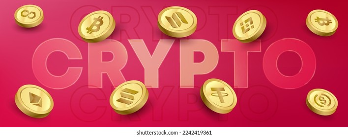 Cryptocurrency banner with Bitcoin, Ethereum, Binance, USD Coin, Polygon, Tether and Solana crypto golden coins