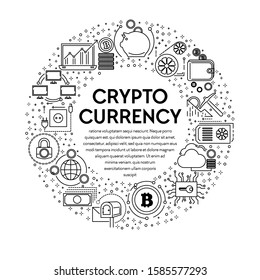 Cryptocurrency banner with linear icons set in circle