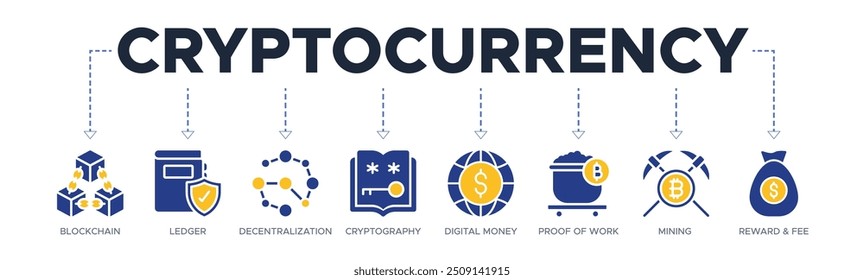 Criptomoeda banner website ícones vetor ilustração conceito de com ícones de blockchain, razão, descentralização, criptografia, dinheiro digital, prova de trabalho, recompensa de mineração e taxa