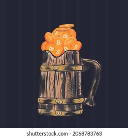 Cryptocurrency beer in wooden material glass linear style.