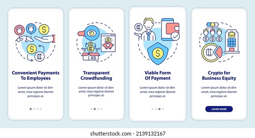 Beneficios de criptodivisa en el uso de la pantalla de aplicación móvil a bordo. Recorrido comercial 4 pasos páginas de instrucciones gráficas con conceptos lineales. UI, UX, plantilla GUI. Multitud de tipos de letra Pro-Bold, con uso regular