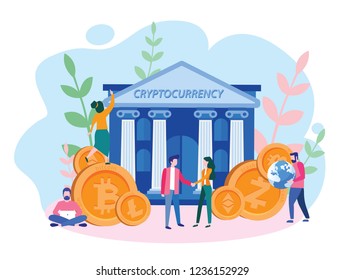 Cryptocurrency- bitcoin bank. Golden coins, Digital money market, mining, finance,  crypto coin wallet, web online payment. Big data information exchange technology.  