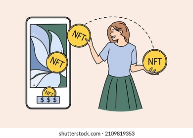 Cryptocurrency bitcoin and blockchain concept. Smiling woman standing and putting coins nft to screen of mobile phone making money profit vector illustration 