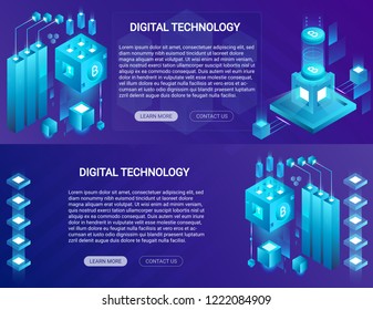 Cryptocurrency, bitcoin, blockchain isometric horizontal banners with web place of text and buttons.