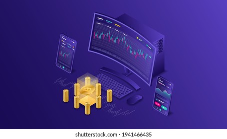 Cryptocurrency, bitcoin, blockchain, mining, technology, internet IoT, security, responsive dashboard isometric 3d illustration vector design cpu computer