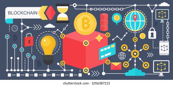 Cryptocurrency bitcoin and blockchain network technology concept. Crypto network vector blockchain poster template.