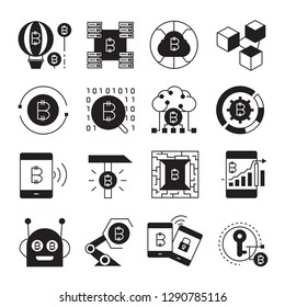 cryptocurrency, bitcoin and blockchain tech icons
