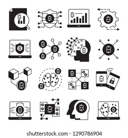 cryptocurrency, bitcoin and blockchain tech icons