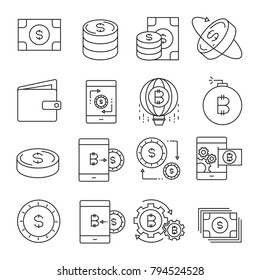 cryptocurrency, bitcoin and blockchain technology icons