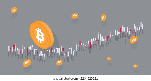 Cryptocurrency Bitcoin, BTC coins floating around with candlestick graph. Cryptocurrency digital currency concept. 