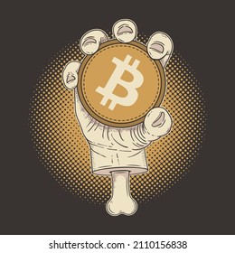 Cryptocurrency Bitcoin BTC holder, hand holding coin vector illustration.	
