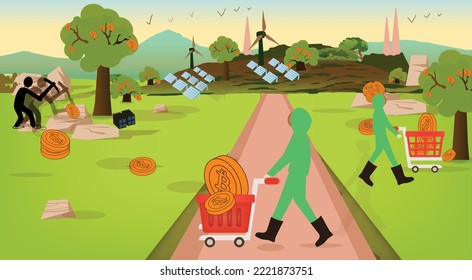 Cryptocurrency Bitcoin BTC mining and farming concept. Conceptual metaphor design with Landscape mountains, solar windmills and mining activity along with trees having bitcoin fruits harvest.