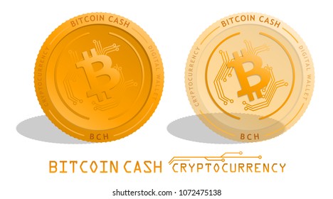Cryptocurrency. Bitcoin Cash BCH, Digital currency wallet. Realistic Gold coin and Transparency coin. 2 Bitcoin Cash symbol set on white background, vector graphic.