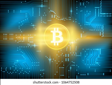 A cryptocurrency bitcoin with circuit design on mainboard with golden light effect. Abstract digital and technology background. 