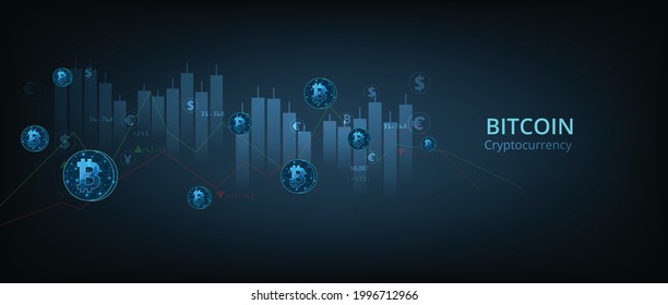 Criptodivisa. Moneda de bitcoin en el fondo del gráfico desenfocado. Inversión financiera y concepto de intercambio digital de dinero.