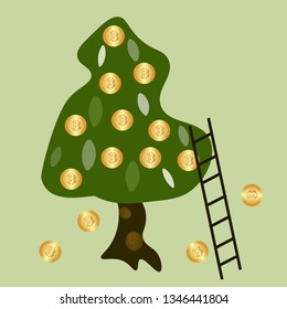 Cryptocurrency Bitcoin concept illustration btc tree. Financial growth concept. Flat design