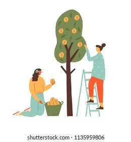 Cryptocurrency Bitcoin concept illustration of two women harvesting btc from the tree. Funny flat characters in vector illustrated blockchain mining.