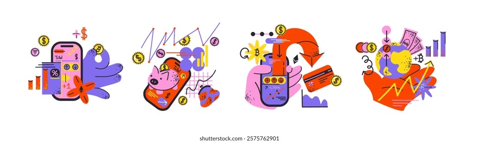 Cryptocurrency, bitcoin and digital currency exchange. Cartoon abstract compositions of trading, electronic money, blockchain exchange and banking. Money doodle drawings of the currency market online.