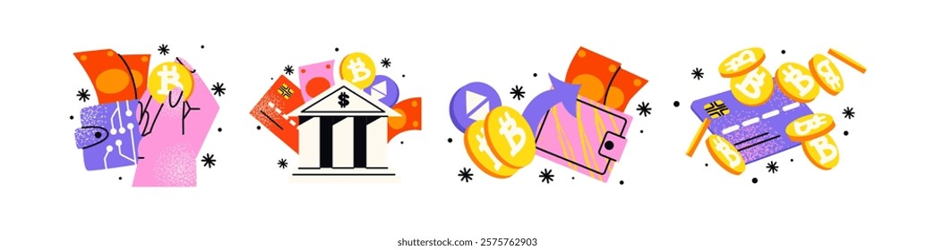 Cryptocurrency, bitcoin and digital currency exchange. Cartoon abstract compositions of trading, electronic money, blockchain exchange and banking. Money doodle drawings of the currency market online.