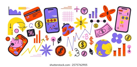 Cryptocurrency, bitcoin and digital currency exchange. Cartoon stickers of trading, electronic money, blockchain exchange and banking. Money doodle drawings of the currency market online. Financial sh