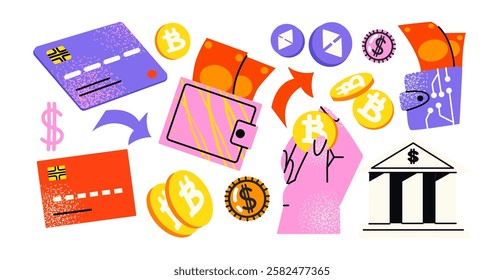 Cryptocurrency, bitcoin and digital currency exchange. Cartoon stickers of trading, electronic money, blockchain exchange and banking. Money doodle drawings of the currency market online. Financial 