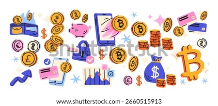 Cryptocurrency, bitcoin and digital currency exchange. Cartoon stickers of trading, electronic money, blockchain exchange and banking. Money doodle drawings of the currency market online. Financial 
