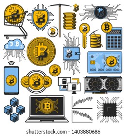 Cryptocurrency bitcoin, digital money mining and blockchain technology. Vector crypto currency bit coins currency, digital miner computer key, finance transaction wallet and virtual bank payment icons