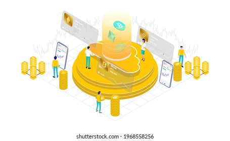 Cryptocurrency, bitcoin, ethereum, cardano, blockchain, mining, technology, internet IoT, security, isometric 3d flat illustration . Suitable for user interface, ui, ux, web, mobile, banner.