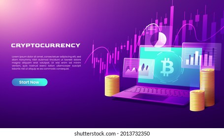 Cryptocurrency Bitcoin Exchange Market Isometric Landing Page. Digital Money Mining, Computer And Laptop Screen With Trading Chart