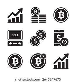 Bitcoin criptomoeda e ícones financeiros definidos