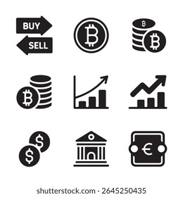 Investimento financeiro bitcoin criptomoeda e ícones de negociação