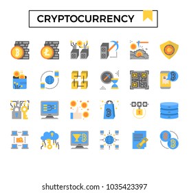 Cryptocurrency and bitcoin flat design icon set.