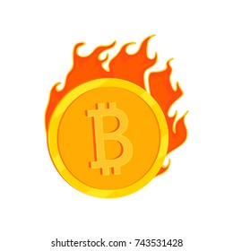 Cryptocurrency Bitcoin. The gold coin and fire vector icon. Extraction, mining virtual money.Burning coin, blazing money.