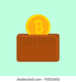 Cryptocurrency Bitcoin. The gold coin is placed in a purse. Vector icon. Buy and sell virtual money.
