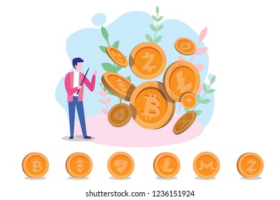 Cryptocurrency- bitcoin. Golden coins, Digital money market, mining, finance,  crypto coin wallet, web online payment. Big data information exchange technology.