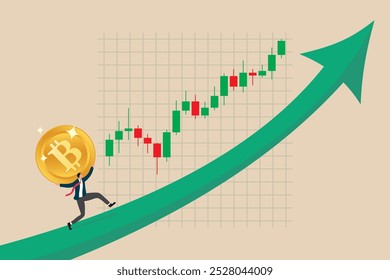 Cryptocurrency. Bitcoin. The growth of the price of cryptocurrency. A thawing trend. The green arrow shows growth. A rising chart with candles. A man is running with a large coin on his shoulders.