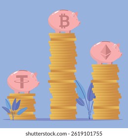 Cryptocurrency, bitcoin icons, ether, tether, trading, mining, investing in electronic money. Digital currency, earning income, deposit, saving money