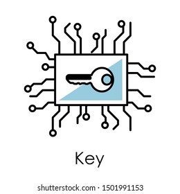 Criptodivisa, clave de bitcoin aislado vector de icono. Interfaz de ciberseguridad o tecnología digital. Microesquema, acceso a Internet, ganancia en línea, símbolo lineal de cripto-dinero, desbloquear banca web
