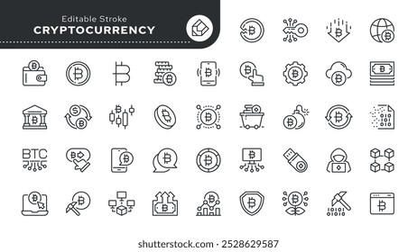 Conjunto de iconos de línea de criptomonedas y Bitcoin. Virtual, moneda digital, minería, blockchain, efectivo electrónico, sistema de pago y más. Icono de Vector de contorno en estilo lineal. Colección de pictogramas.	

