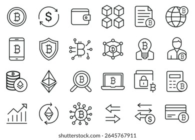 Criptomoeda E Bitcoin Linha Ícones Conjunto, Blockchain, Ethereum, Carteira Digital, Exchange, e Cripto Segurança Símbolos.